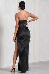 Black Satin Sweetheart Corset Asymmetric Maxi Dress